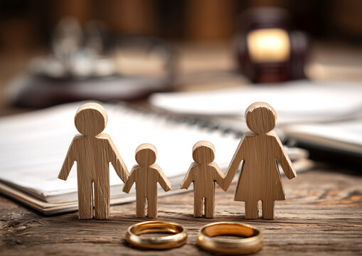 In the office of a notary or judge, there is a divorce or marriage document on the table, a pen, and two gold wedding rings. Wooden figures of families, mom, dad, child, husband, wife, mistress, alime