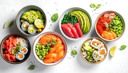 Overhead shot displays six vibrant bowls filled with sushi ingredients. Various combinations of fresh seafood, avocado, and greens are arranged artistically