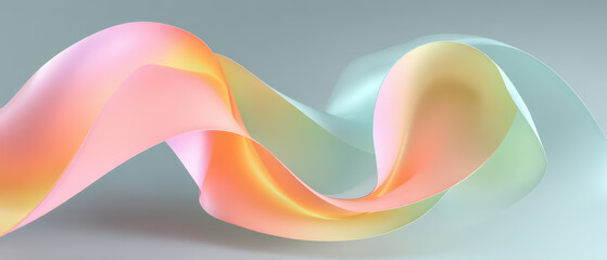 Fototapeta premium Flowing, colorful abstract ribbon with soft pastel hues of pink, orange, and blue creates sense of movement and elegance against neutral background
