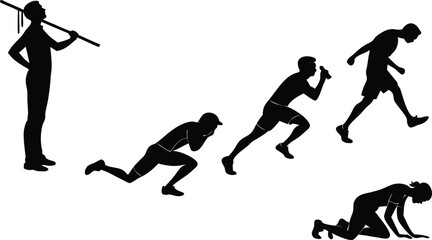 Obraz premium Dynamic silhouette sequence of an athlete's journey, from standing tall to overcoming challenges, representing resilience and determination in sports