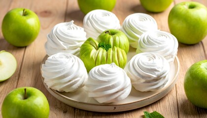 Overhead shot of a plate holding spiraled white confections surrounding a cored green fruit, amidst whole and sliced green fruits