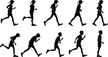 Dynamic runner silhouette sequence, showcasing motion and fitness, perfect for sports branding or health campaigns, conveying energy and athleticism