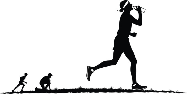 Dynamic black silhouette shows a runner hydrating during intense training, perfect for fitness, health, and athletic achievement themes. Originally a vector.