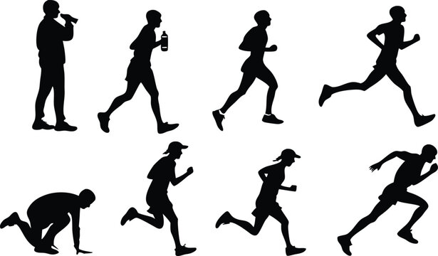 Dynamic runners silhouette collection for fitness, marathon training, and competitive sports promotions, ideal for active lifestyle brands and athletic events