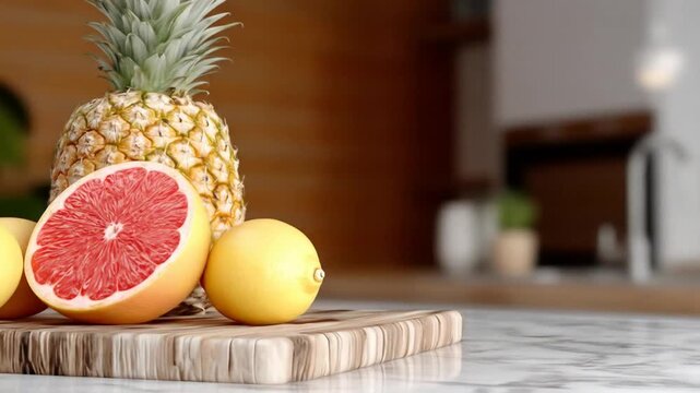 Fresh citrus and pineapple arranged on a wooden board in a kitchen