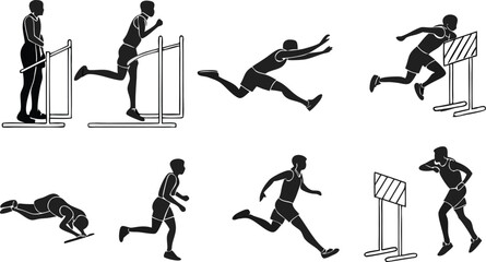 Athletics hurdles icon collection. Includes runner, sprint, obstacle, and steeplechase symbols. Created in black silhouette style with monochromatic palette.