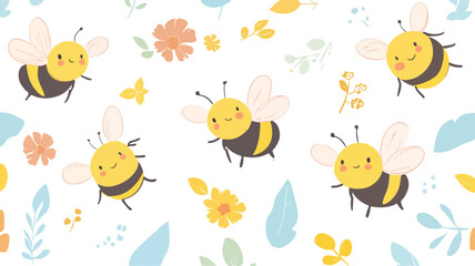A cute cartoon vector seamless pattern with funny Easter rabbits, spring flowers, and butterflies