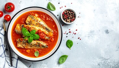 Overhead shot of a plate with fish in a tomato sauce. Small tomatoes and herbs are arranged on the textured surface