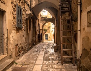 Narrow cobblestone alley with aged buildings. A wooden ladder leans against the stone facade. Sunlight brightens distant buildings