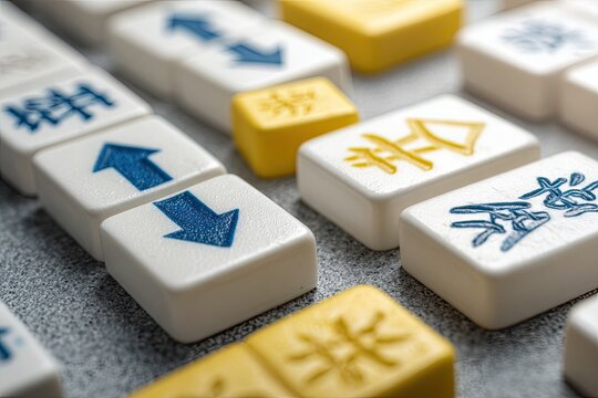 Close-up of game pieces.  White and yellow square tiles with symbols and arrows.  Gray background - Powered by Adobe