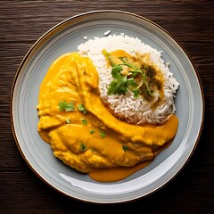 Overhead shot of a plated meal featuring a creamy orange-yellow curry sauce atop a white protein next to a mound of fluffy white rice, garnished with green sprigs