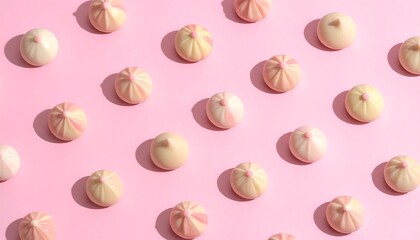 Overhead shot features a pink background with a repeating pattern of small, round, beige-colored food items with delicate pink details. Shadows cast by sunlight