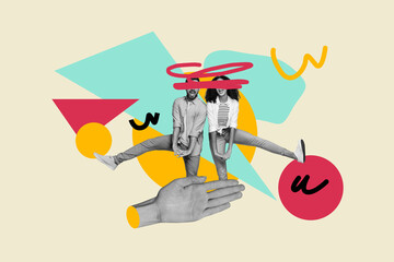 Banner full 3d artwork collage of two happy girl guy dance valentine day celebration holiday couple bonding date party hand