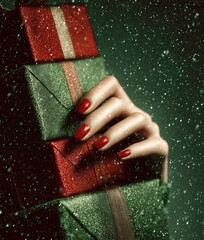 Woman's hand holding Christmas gift boxes in falling snow