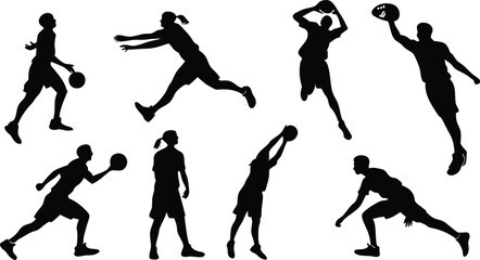 Dynamic basketball players silhouette collection, showcasing athleticism, teamwork, and sports action for posters, designs, and athletic promotions