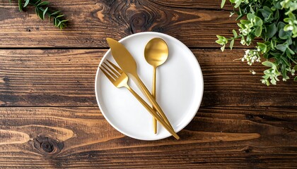 Overhead shot features a white plate, gold cutlery, and lush greenery on a dark wood background. The composition evokes elegance and fine dining