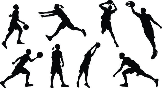 Dynamic basketball players silhouette collection, showcasing athleticism, teamwork, and sports action for posters, designs, and athletic promotions