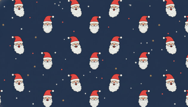 A repeating, seamless background illustration of cute, hand-drawn Santa Claus faces. The festive design features Santa's head with a red hat and white beard, arranged in a pattern on a dark navy blue 