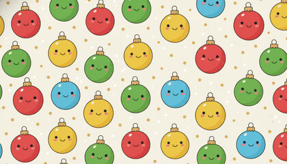 A repeating, seamless background illustration of cute, kawaii-style Christmas ornaments. The festive design features smiling, happy baubles in red, green, yellow, and blue, arranged in a grid.