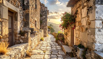 Narrow, cobblestone alleyway winding through old stone buildings, bathed in warm sunlight. A climbing rose bush adds color