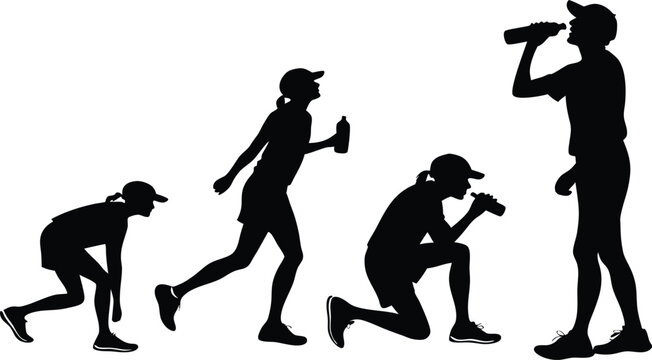 Silhouette sequence of athletic woman running, stretching, hydrating - dynamic fitness lifestyle for health, vitality, and wellness promotion