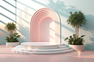 Minimalist Podium Display with Pastel Colors and Sunlight