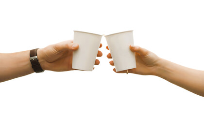 Two hands toasting with white paper cups.