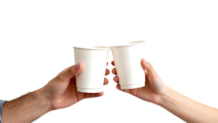 Two hands toasting with disposable cups against transparent background.