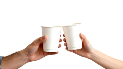 Two hands toasting with disposable cups against transparent background.