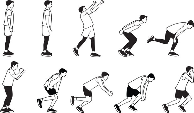 Dynamic sequence of a man demonstrating a volleyball block, from upright stance to jump and block, useful for sports training visuals