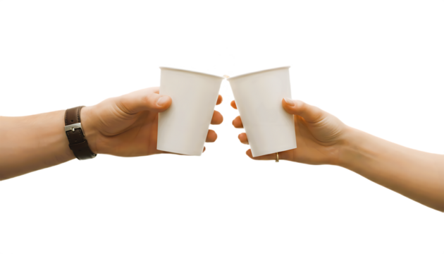 Two hands toasting with white paper cups.