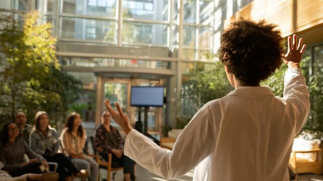 Empowering Presentation: A woman leading a seminar with passionate gestures and engaged audience