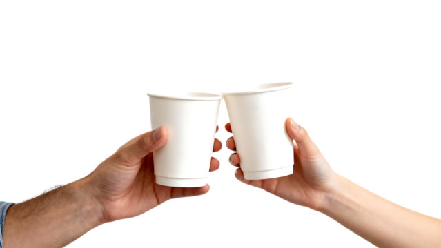 Two hands toasting with disposable cups against transparent background. - Powered by Adobe