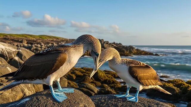 Pair of Blue-footed Boobies Standing on Volcanic Rocks at Sunset