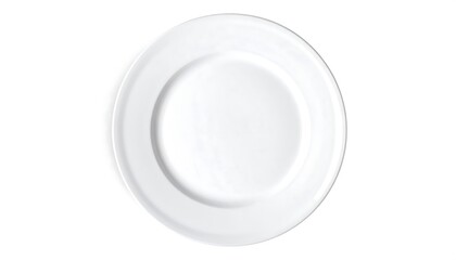 Overhead shot of a pristine, white, round ceramic plate. The plate sits in complete isolation on a bright white background. The simple design is modern and clean