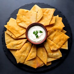 Overhead shot features crisp, golden-brown flatbreads encircling a small bowl of white dip garnished with a sprig of green. Presented on a black slate