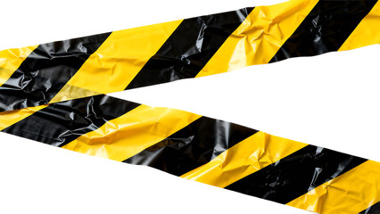 Yellow and black hazard tape cautioning danger and marking a restricted area.