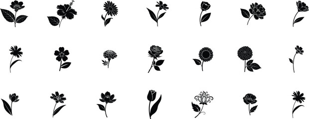 Flowers silhouette icon collection. Rose, sunflower, tulip, lily, daisy and more. floral vector Illustration.