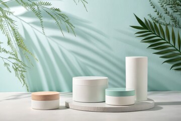 Minimal Cosmetic Product Display with Cylinder Props in Pastel Light