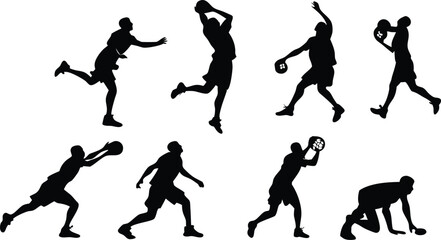 Obraz premium Sports silhouettes icon collection. Includes tennis, basketball, baseball, soccer, and volleyball player silhouettes. Created in black silhouette style with white background