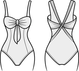 One-piece swimsuit technical flat sketch, fashion CAD drawing, vector illustration apparel design, sweetheart neckline, knotted bow, crisscross strap back