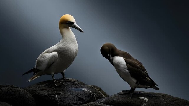 Seabirds stand dramatically on coastal rocks under moody light