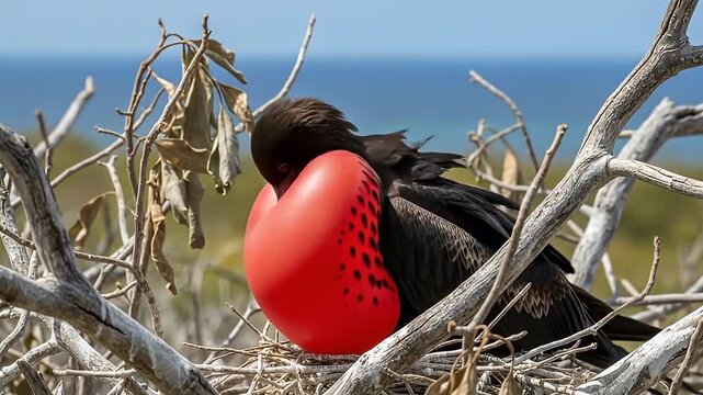 Magnificent Frigatebird male with inflated red gular pouch on nest