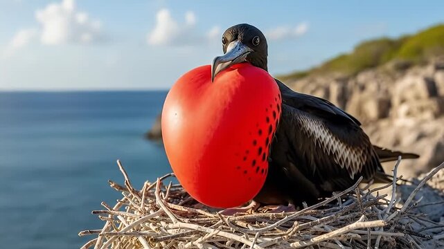 Magnificent Frigatebird male showing red gular sac on a cliff nest