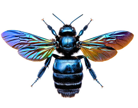 Isolated Iridescent Blue Carpenter Bee Top View (Transparent Background)