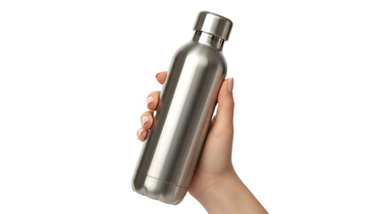 Hand holding a sleek stainless steel reusable water bottle.