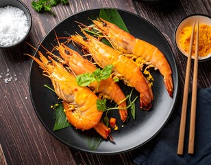 Overhead shot features beautifully cooked shrimp on a black plate, garnished with herbs, and presented with chopsticks