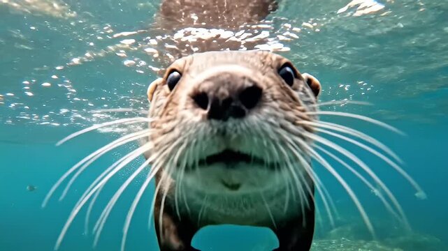 Cute Otter Close Up Swimming Underwater in Deep Blue Water Wildlife