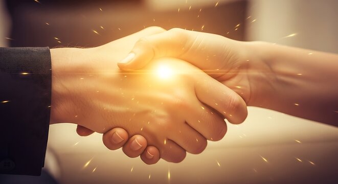 Successful handshake creating a powerful partnership with golden light and sparks effect