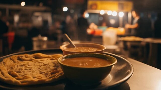 Street Food Paratha and Stew Served at Night Market